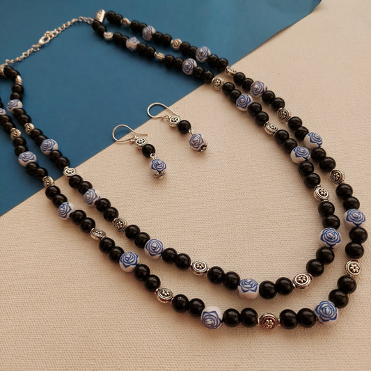 Double Layered Black Beaded Neckset with Floral Beads and Silver Accents