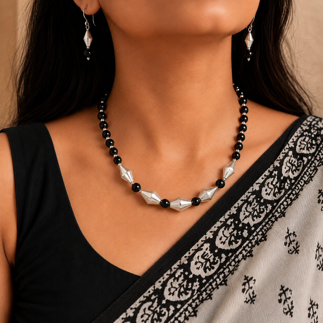 Dholki Royale: Dholki Bead Necklace and Earring Set with Black Beads