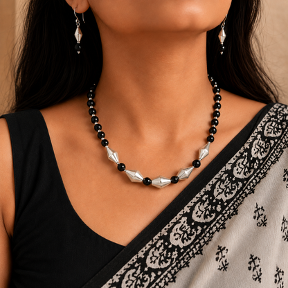 Dholki Royale: Dholki Bead Necklace and Earring Set with Black Beads