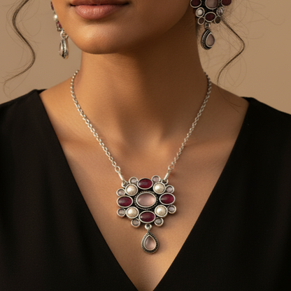 Zehra :  Pink and Red Stone Studded Pendant and Earring Set