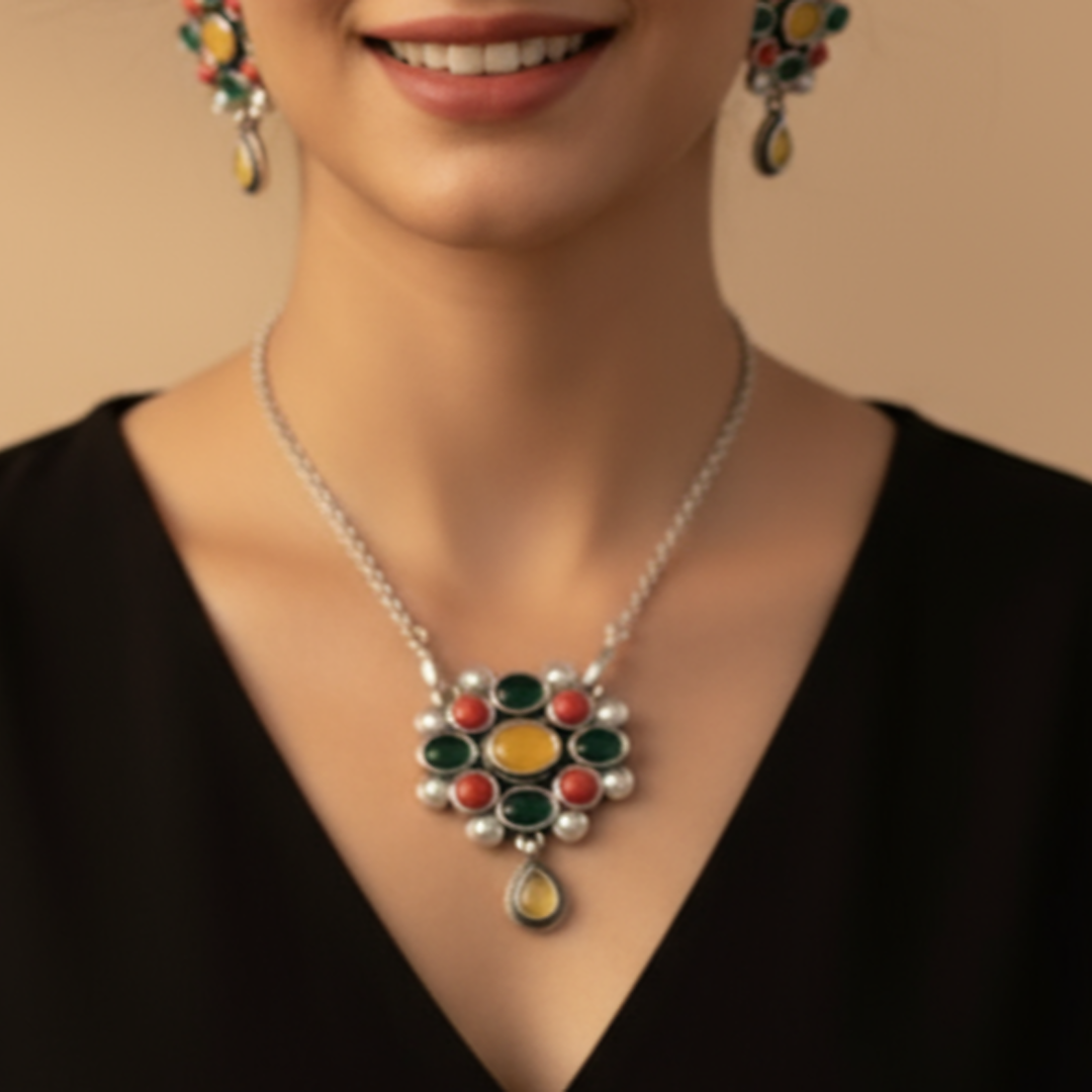 Zehra :  Multicolored Stone Studded Pendant and Earring Set