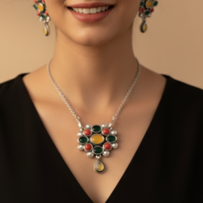 Zehra :  Multicolored Stone Studded Pendant and Earring Set