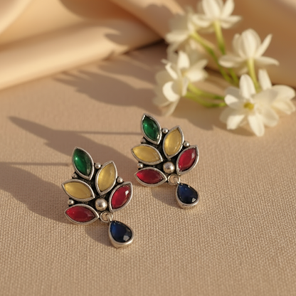 Chroma Leaflets: Multistone silver toned earring