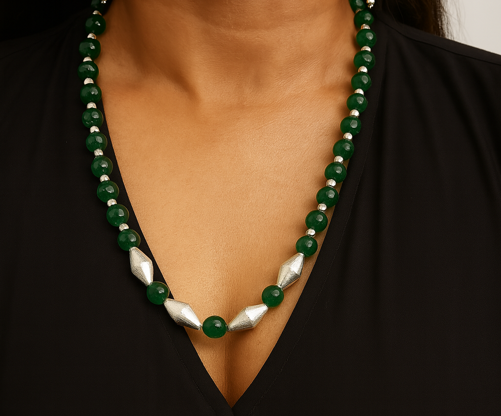 Dholki Royale: Dholki Bead Necklace and Earring Set with Green Beads