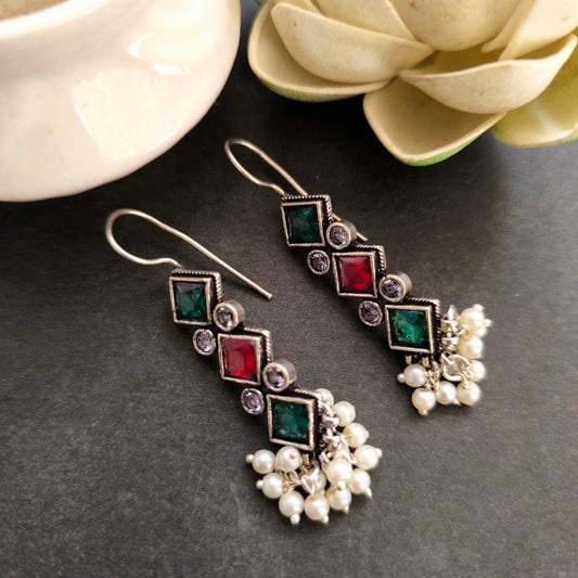 Green and Red Stone Long Earring : Royal Fusion