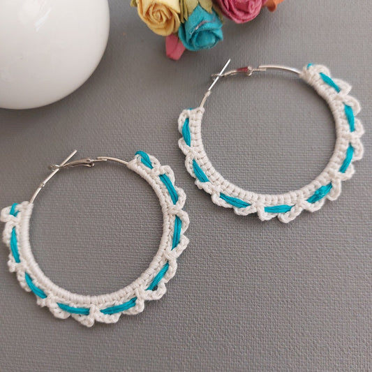 White and Blue  Crochet Hand Knitted Earrings