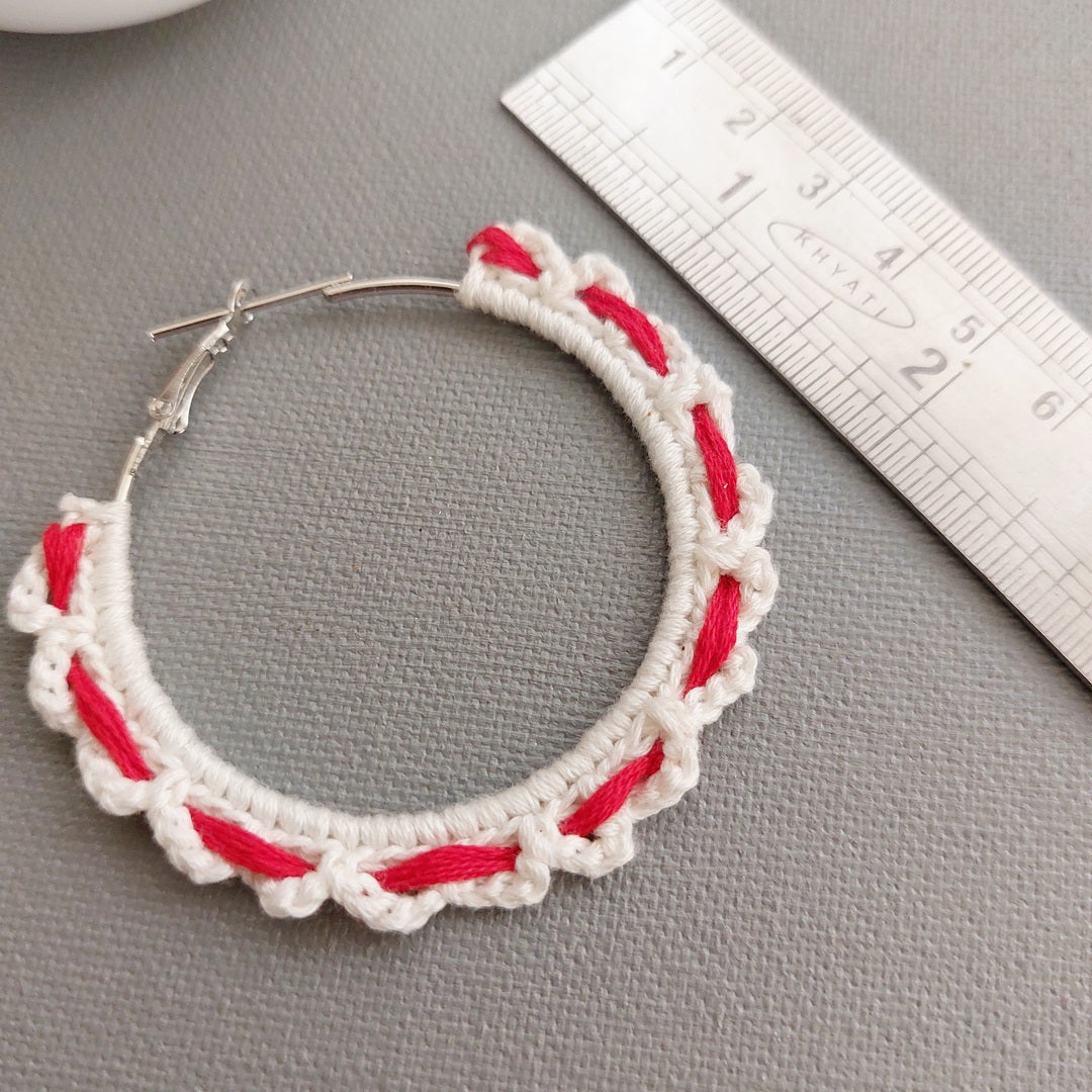 Handwoven Red and White Crochet Earrings