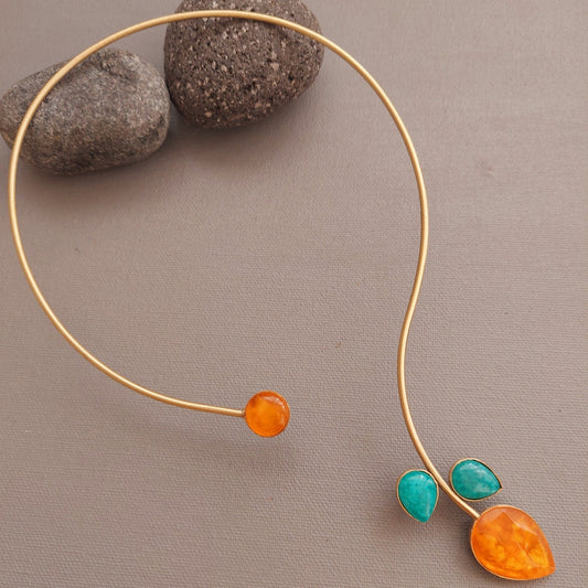 Sunset Skyline: Vibrant Orange and Blue Stone Studded Hasli Brass Necklace