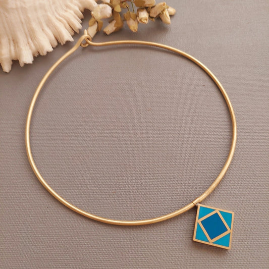 Serene Elegance: Brass Necklace with Double-Toned Blue Pendant