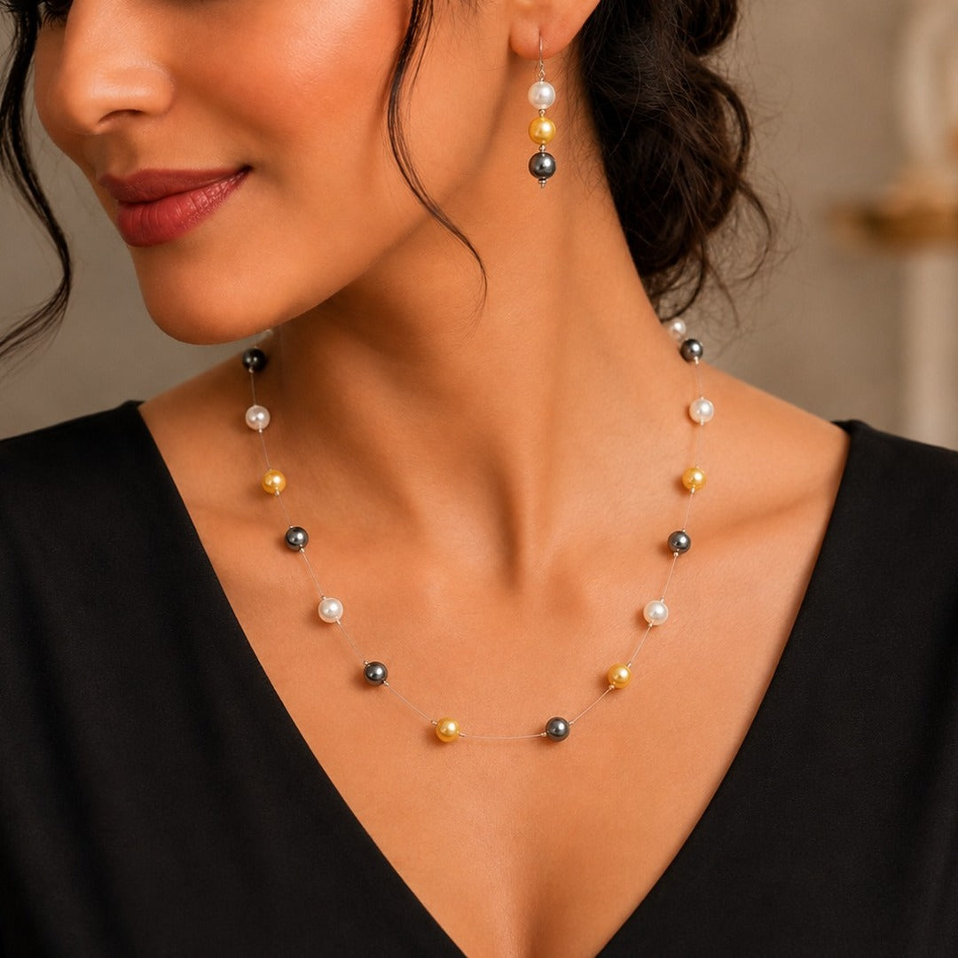 Pearl Illusion :Invisible Chain Pearl Necklace and Earring Set