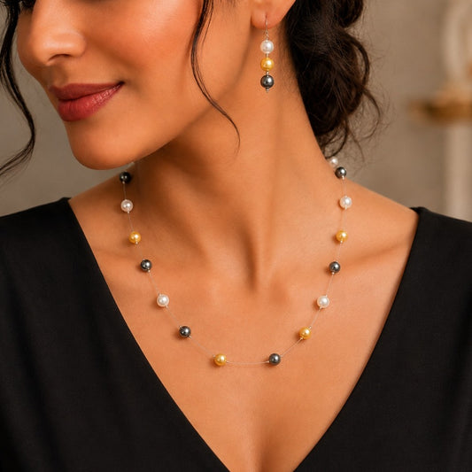 Pearl Illusion :Invisible Chain Pearl Necklace and Earring Set