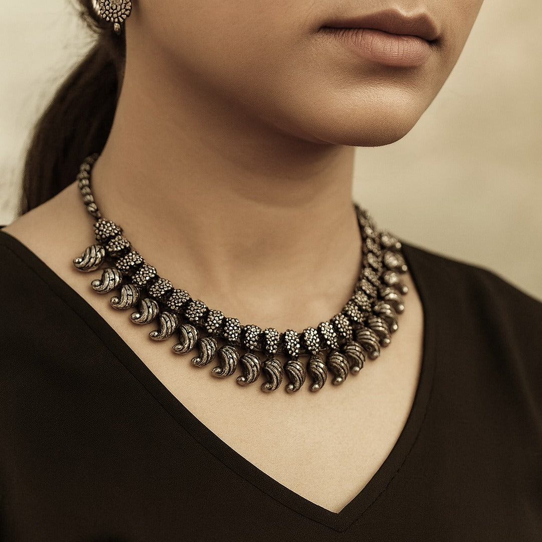 Utsav Manjiri: Antique Silver Toned Necklace and Earring Set