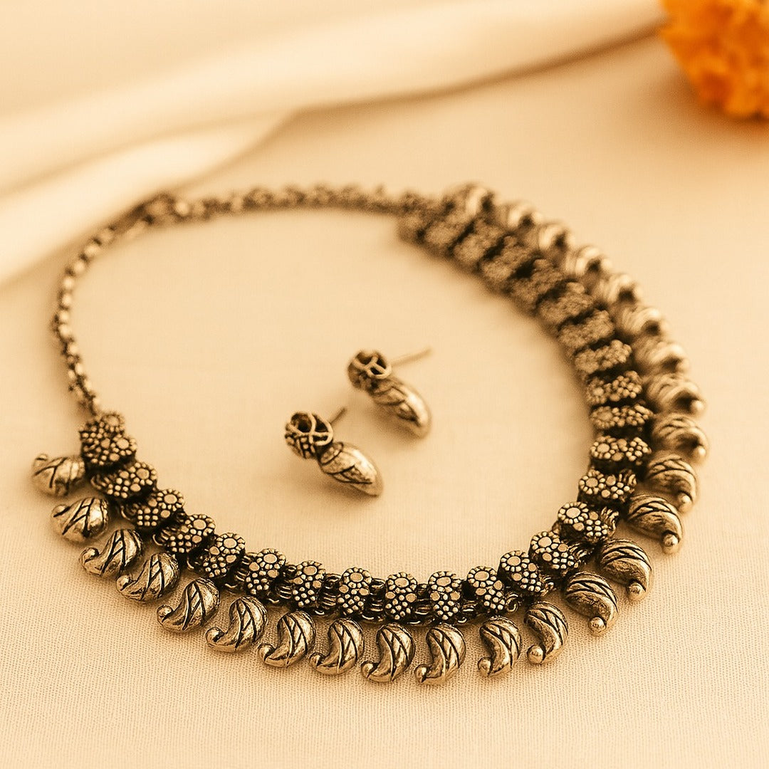 Utsav Manjiri: Antique Silver Toned Necklace and Earring Set
