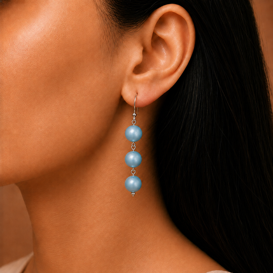 Mist Blue: Handmade Triple Pearl Drop Earrings