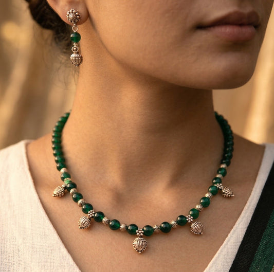 Mridula: Handmade Green Beaded Necklace and Earring Set