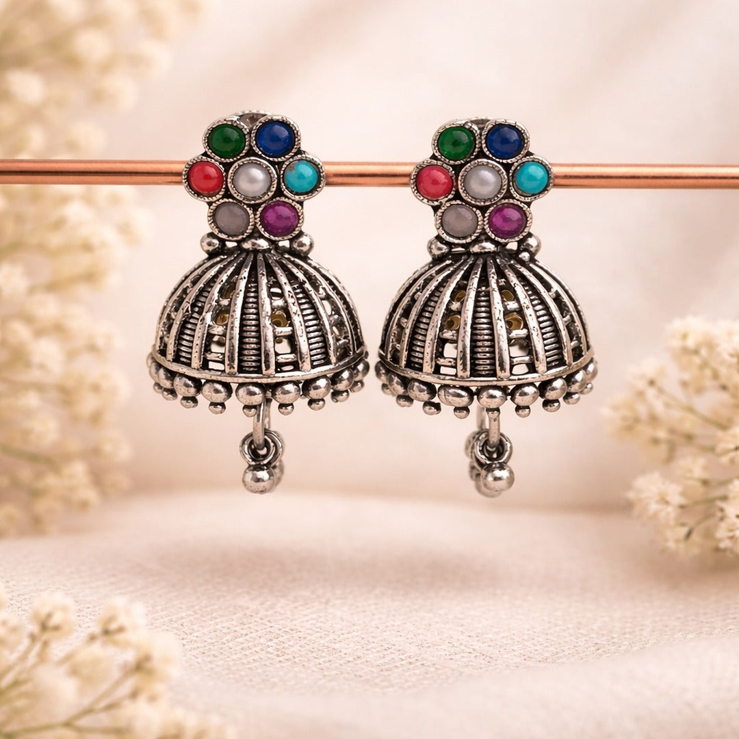 Arohi: Multicolored Silver Toned Jhumka