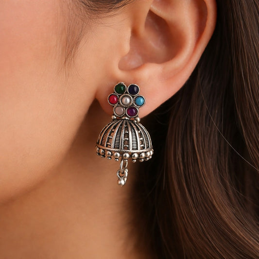 Arohi: Multicolored Silver Toned Jhumka