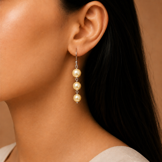 Natural Cream: Handmade Triple Pearl Drop Earring