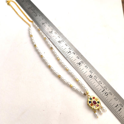 Ojasvi: Pearl Necklace with MultiStone Pendant and Earring Set