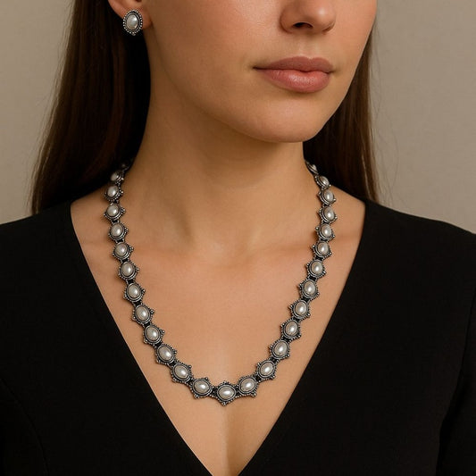 Noor: Statement Silver Toned Pearl Necklace and Earring Set