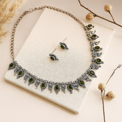Tinge Tales: Olive Green Stone Ethnic Necklace and Earring Set