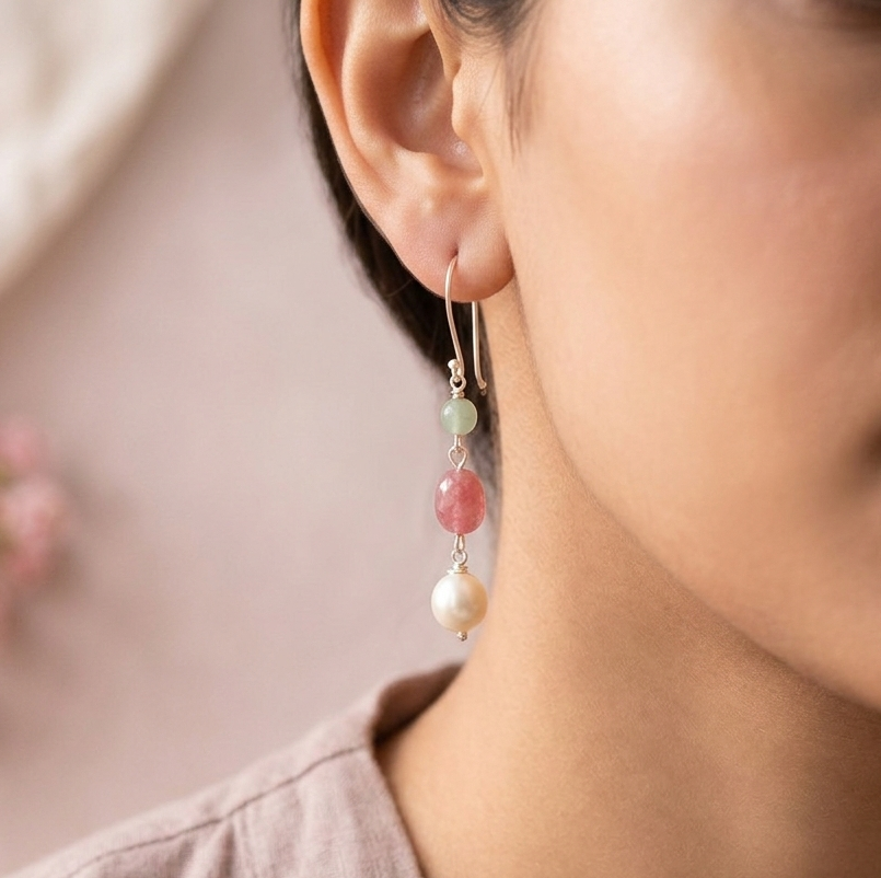Harmony Hues: Green glass beads, Shell Pearl, Pink jade dull Earring