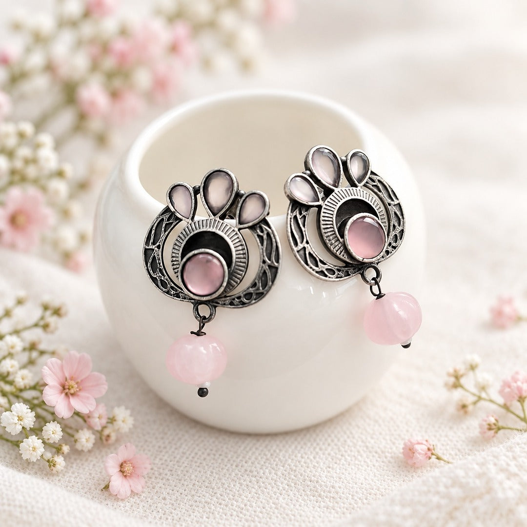 Lotus Drops: Pink Tumble Bead Silver Toned Earring