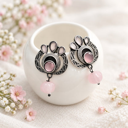 Lotus Drops: Pink Tumble Bead Silver Toned Earring