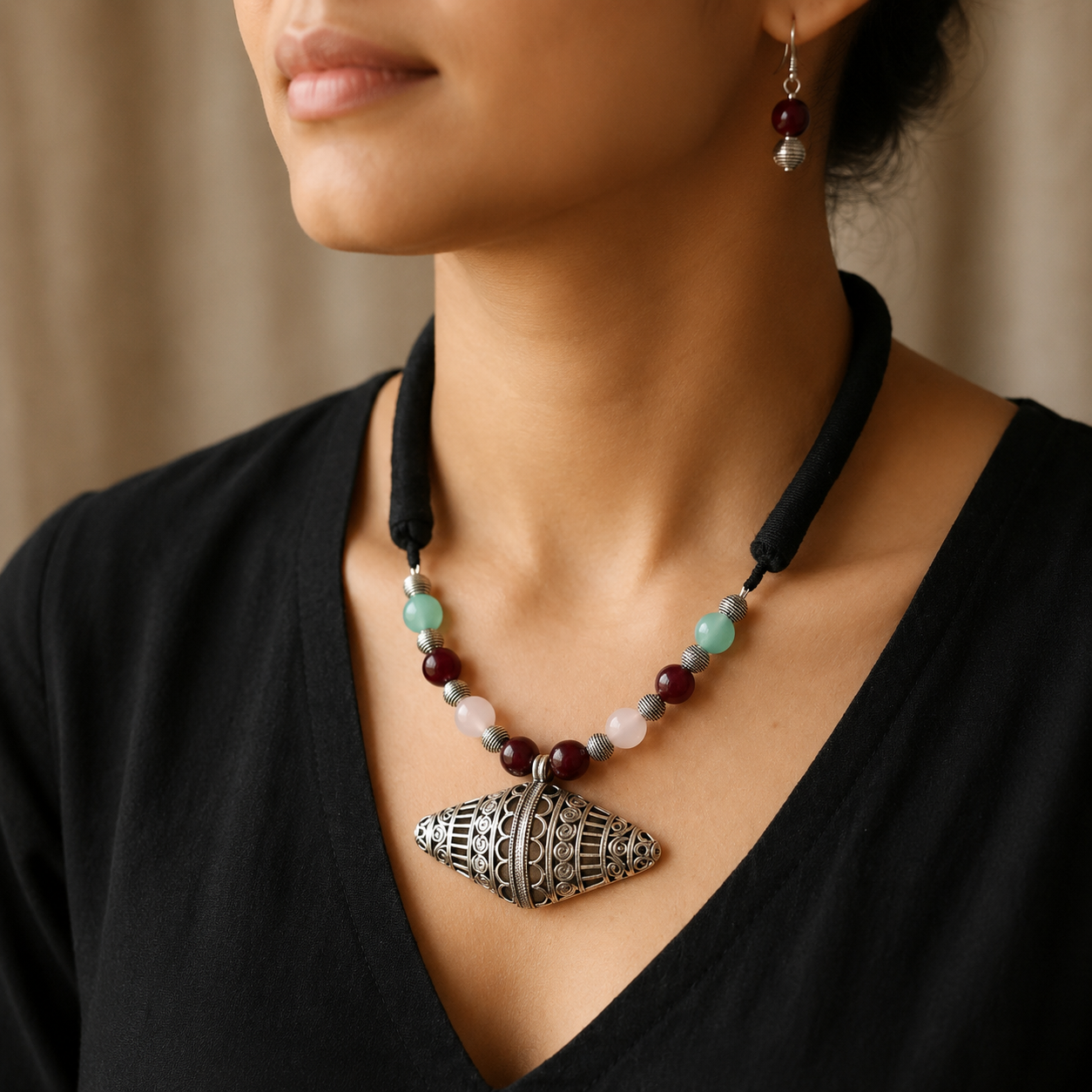 Saanjh: Beaded Silver Toned Pendant and Earring Set