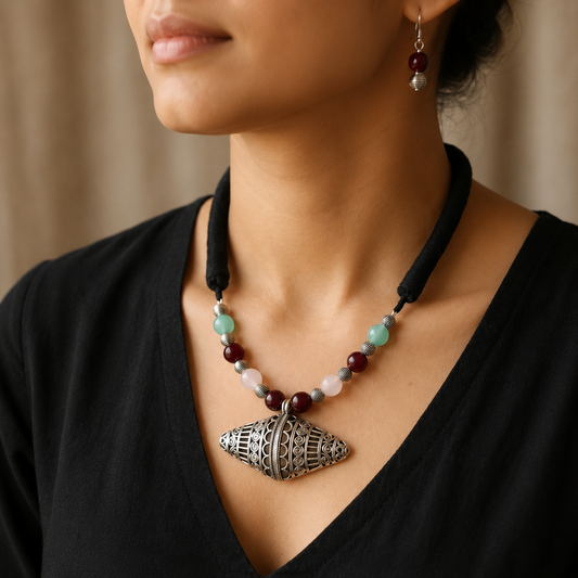 Saanjh: Beaded Silver Toned Pendant and Earring Set