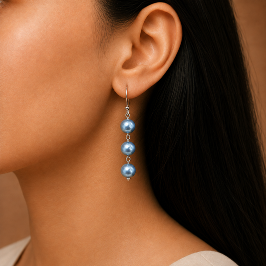 Serene Blue: Handmade Triple Pearl Drop Earring