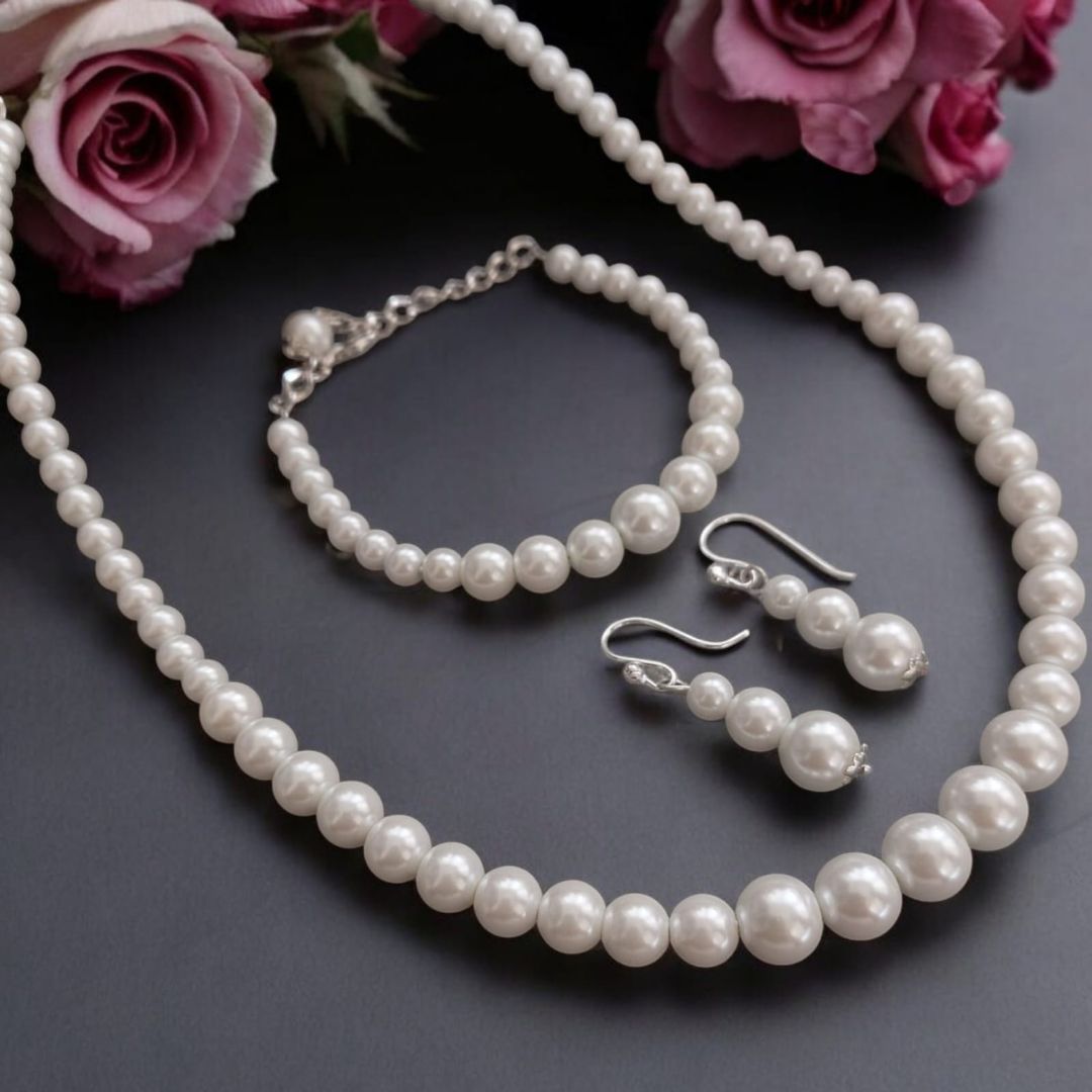 Classic Pearl Jewelry Set - Necklace, Bracelet, Earrings