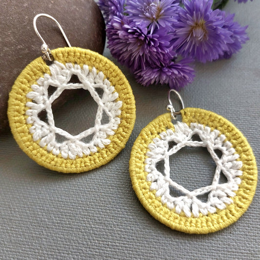 Sunburst Crochet Earrings: Yellow and White Combination