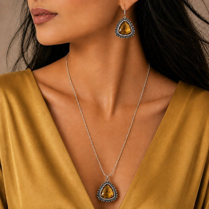 Shades & Stories: Warm Yellow Silver Toned Pendant and Earring Set