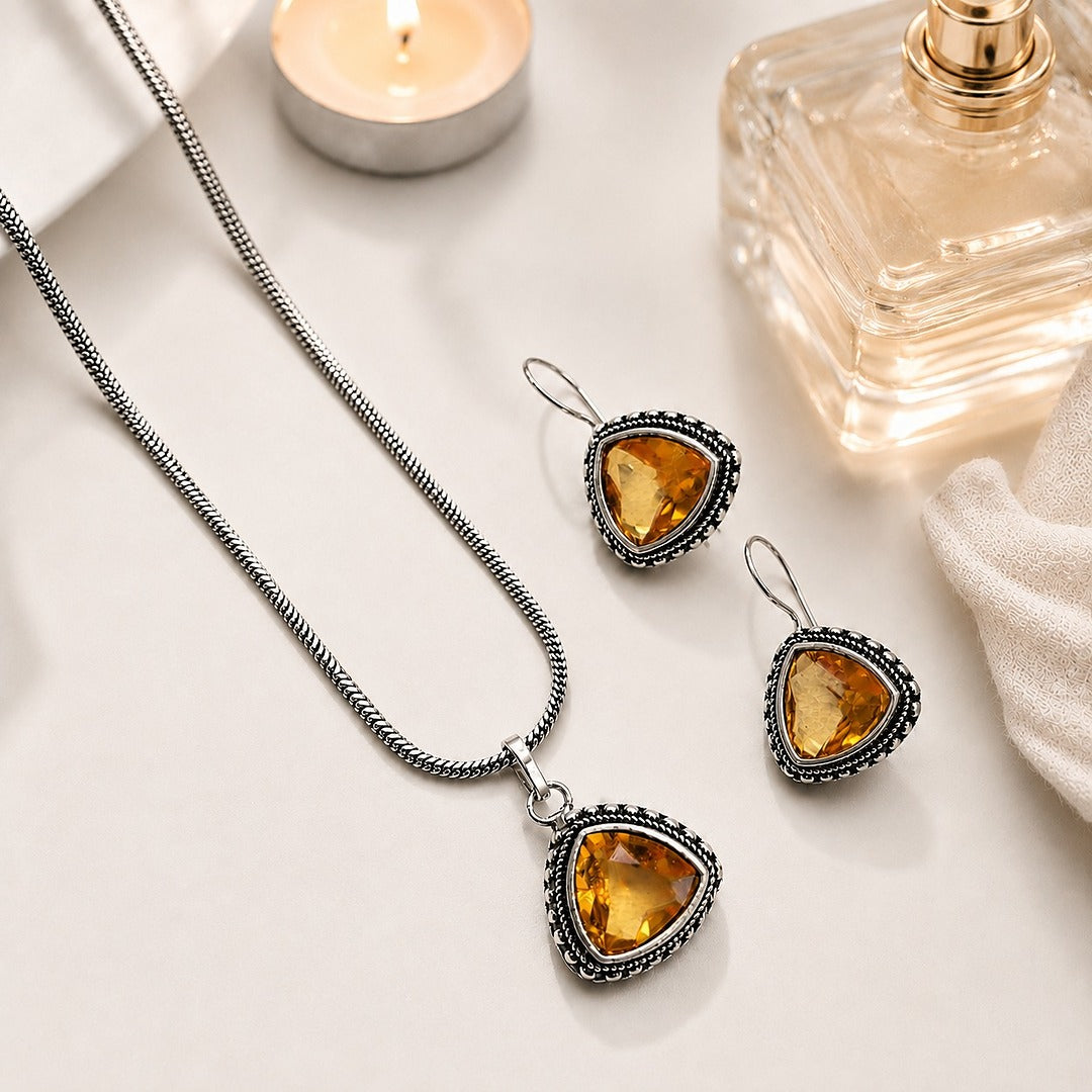 Shades & Stories: Warm Yellow Silver Toned Pendant and Earring Set
