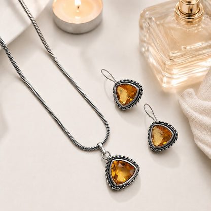 Shades & Stories: Warm Yellow Silver Toned Pendant and Earring Set
