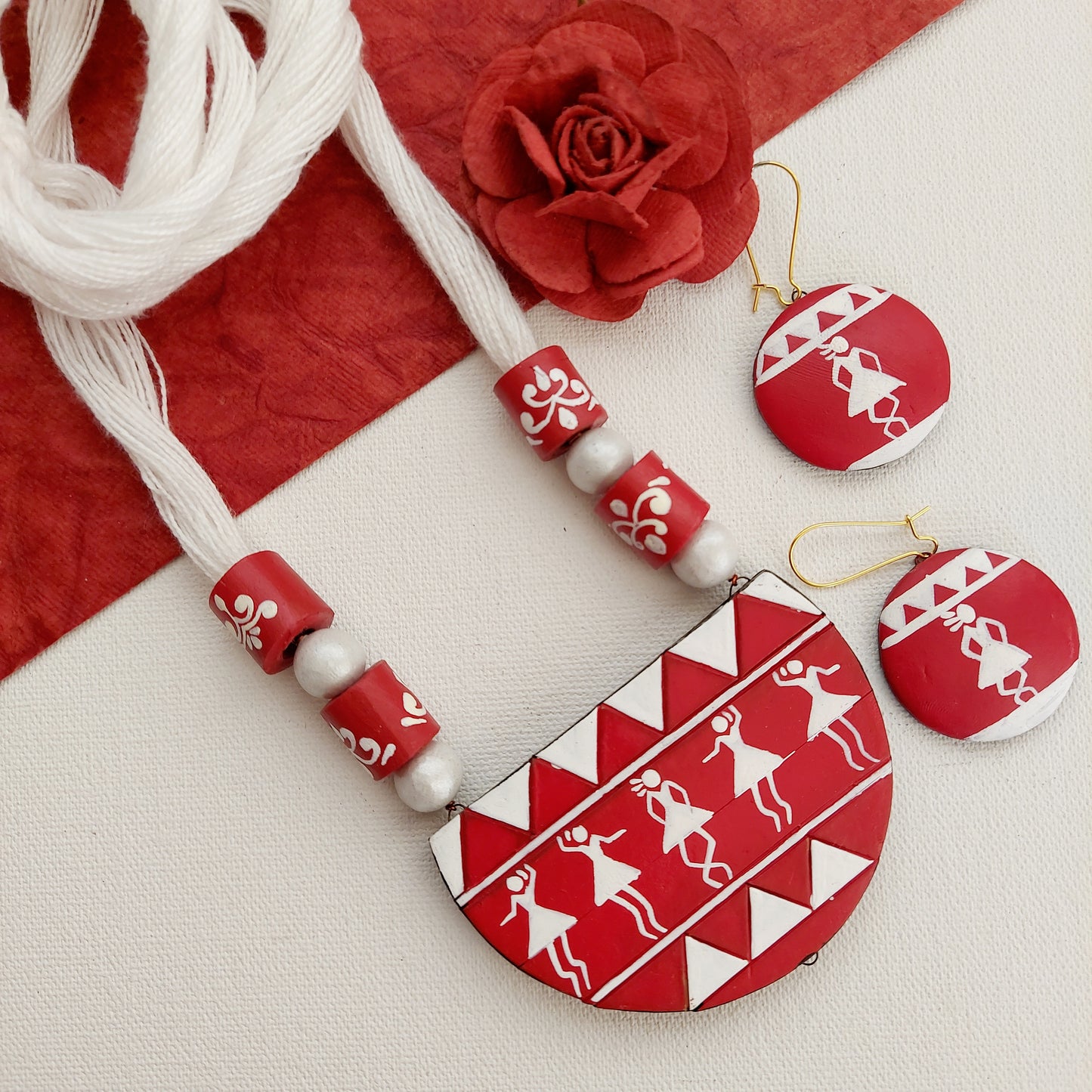 Aashir's Traditional Warli Art Red and White Terracotta Necklace