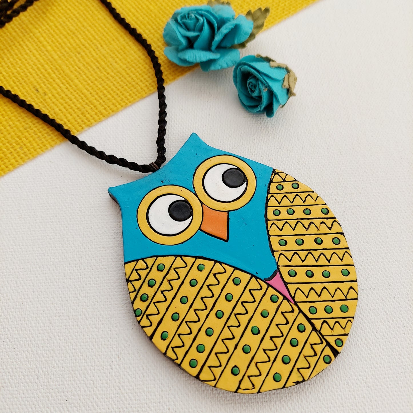 Aashirs Terracotta Turquoise Yellow Owl Necklace