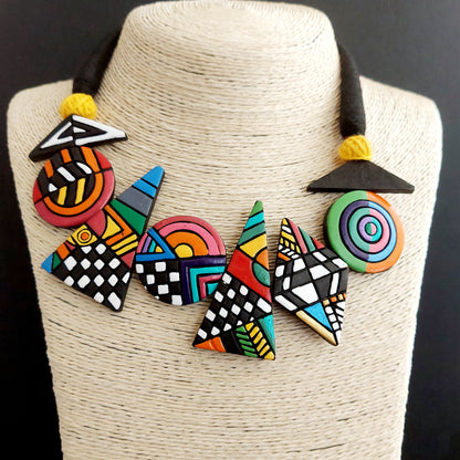 Multicolour Geometrical Terracota Necklace with Earrings.