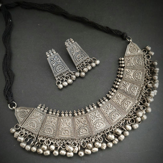 Ethnic Fashion Designer  Silver Look Alike Choker Style Neckset with Ghungroo